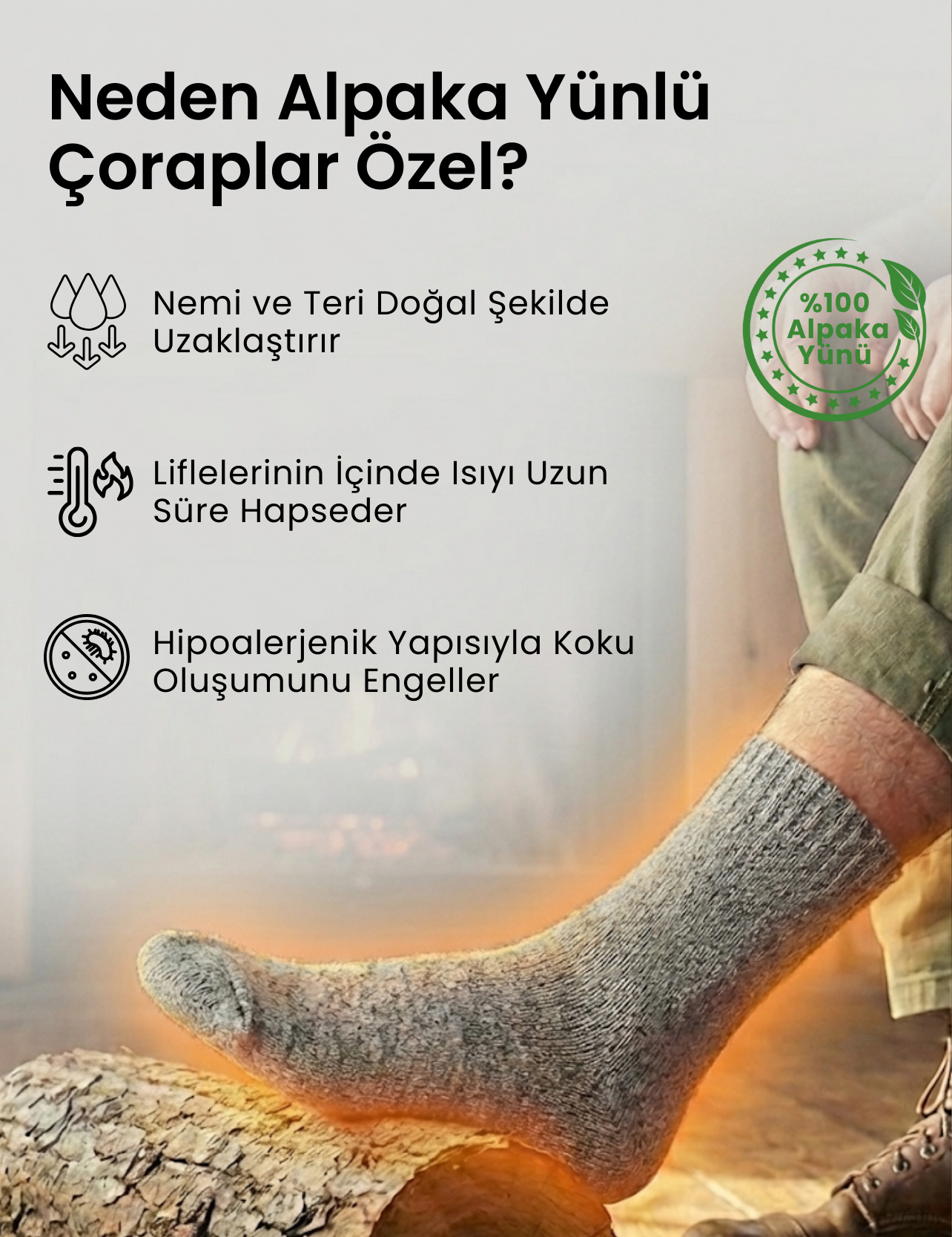Alpaka yünlü çorap, doğal nem uzaklaştırma, ısıyı hapseder, hipoalerjenik ve koku engelleyici özellikler