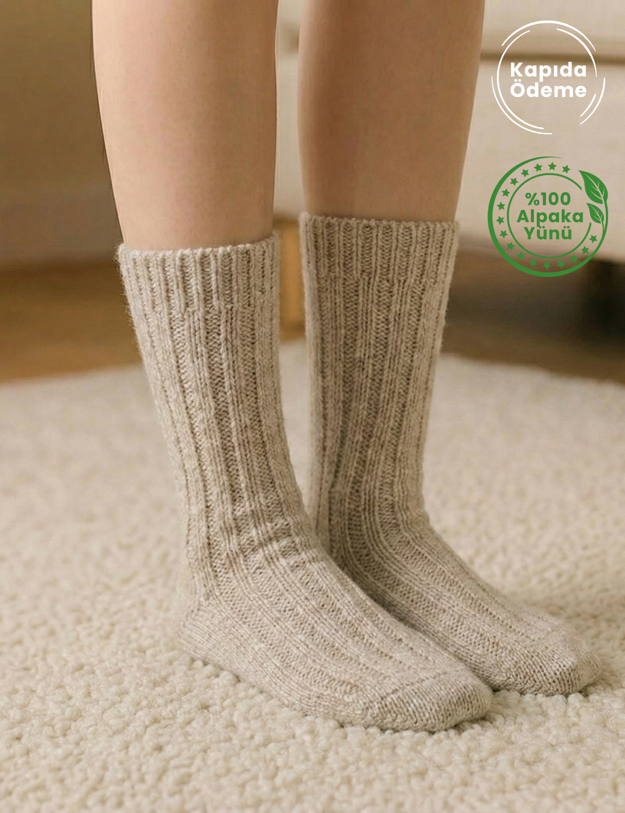 Bej tonlarında %100 alpakadan yapılmış kalın örgü yün çoraplar rahat kapıda ödeme ile