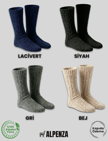 %100 Alpaka yünlü kalın 4 renk erkek çoraplar: lacivert, siyah, gri, bej, Alpenza markası