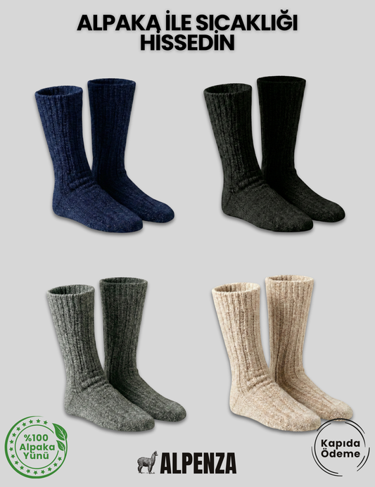 Alpenza marka %100 alpaka yününden üretilmiş mavi, siyah, gri ve bej renklerde sıcak tutan çoraplar
