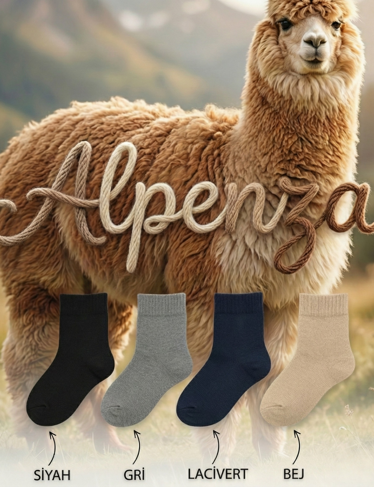Alpaka yünü ve Alpenga marka siyah, gri, lacivert ve bej çocuk çorapları
